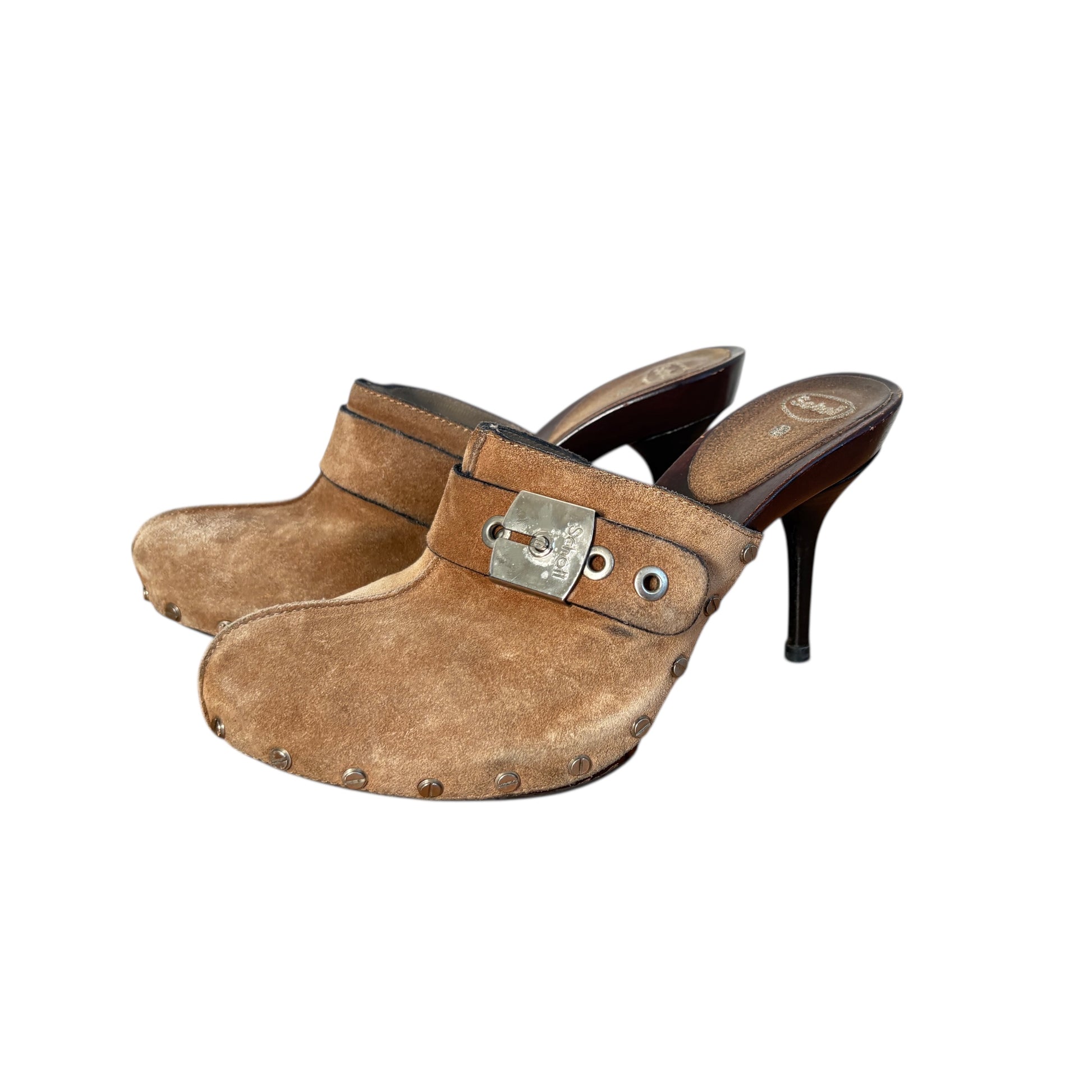 Scholl vintage heeled studded Suede Clogs Rare