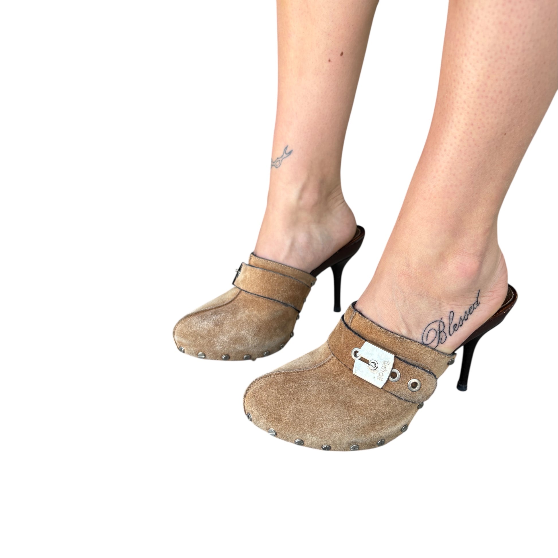 Scholl vintage heeled studded Suede Clogs Rare